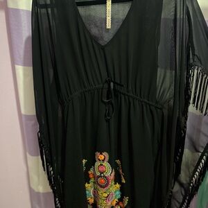 Uncle Frank Black Embroidered Festival Boho Fringe Dress Medium